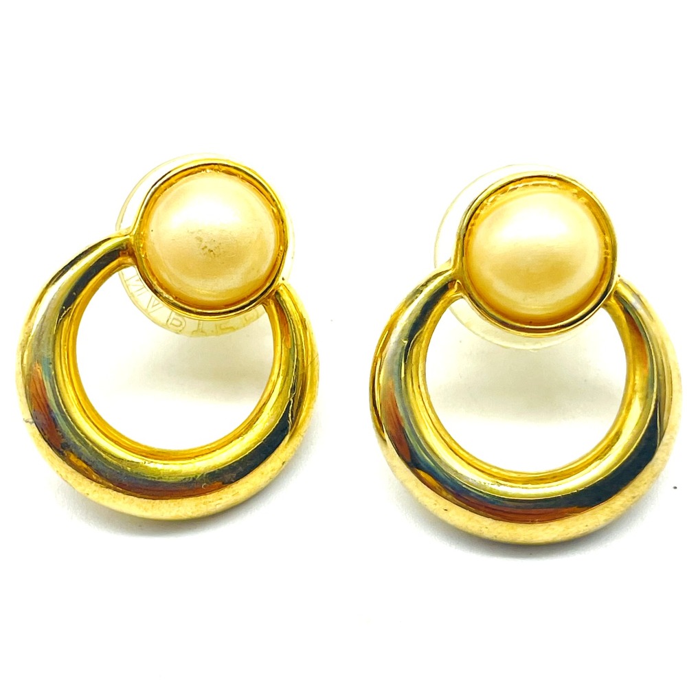Vintage Pierced Earrings Faux Pearl Gold Tone Doorknocker Statement Retro